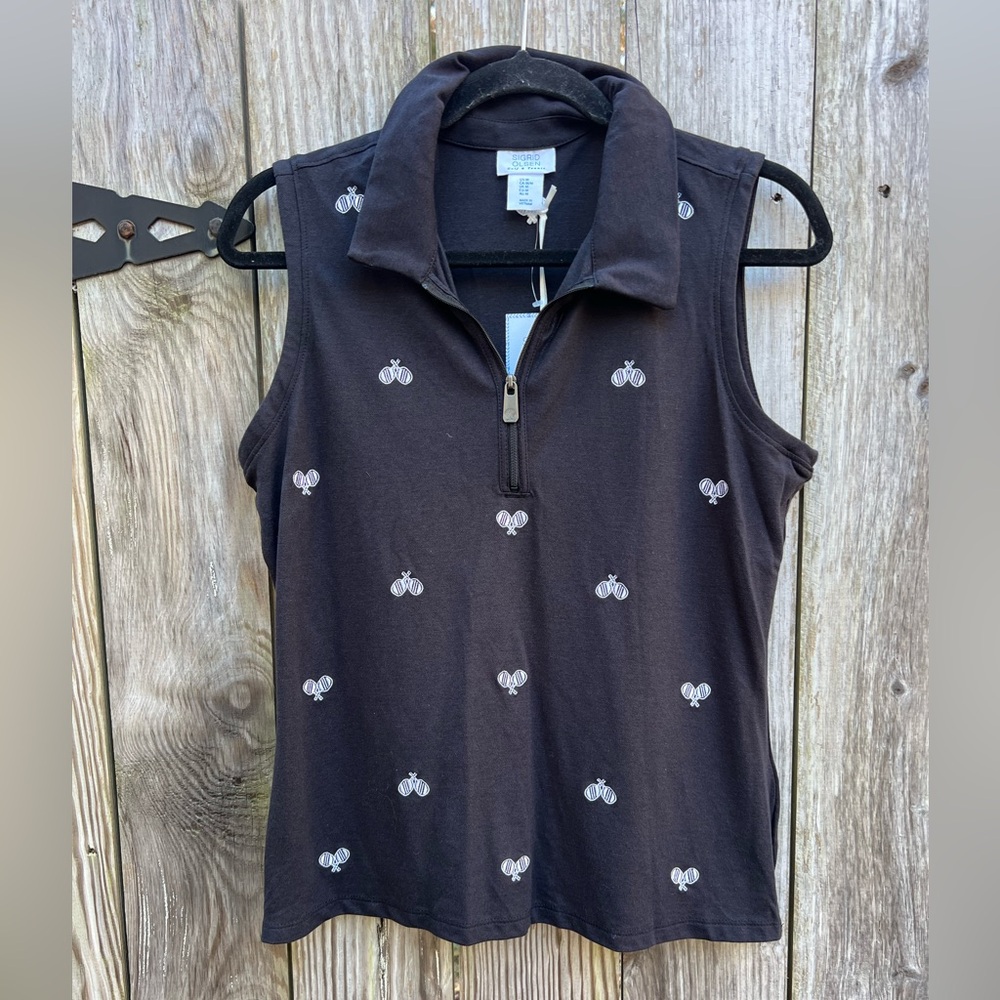 SIGRID OLSEN Golf & Tennis Sleeveless Polo Black and White Racquet Top Med NWT